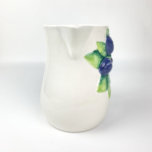 Bassano Italy Water or Juice Pitcher Majolica Plums side view