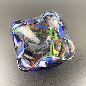 Murano blue art glass bowl with multi coloured interior