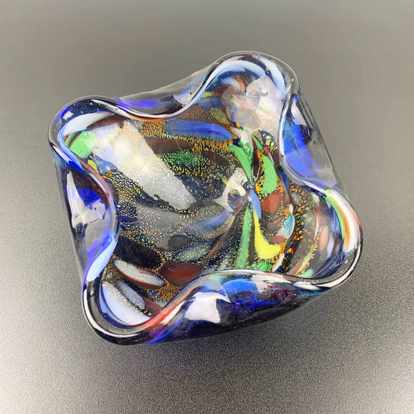 Murano blue art glass bowl with multi coloured interior