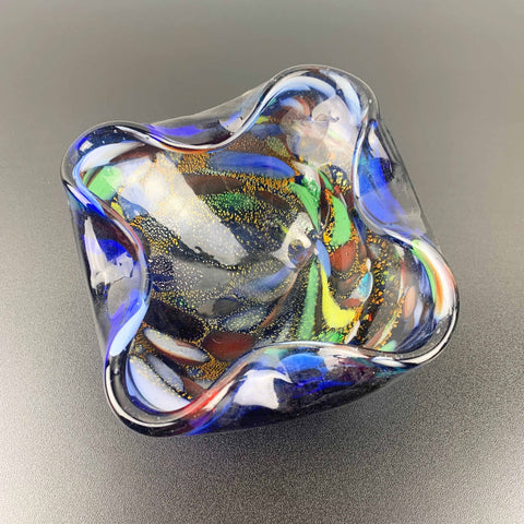 Murano blue art glass bowl with multi coloured interior