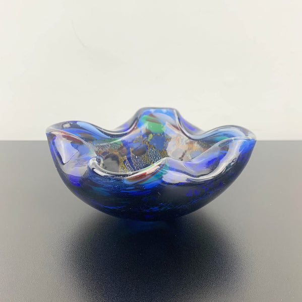 Murano blue art glass bowl with multi coloured interior