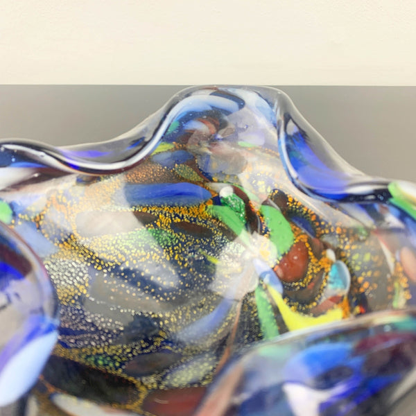 Murano blue art glass bowl with multi coloured interior