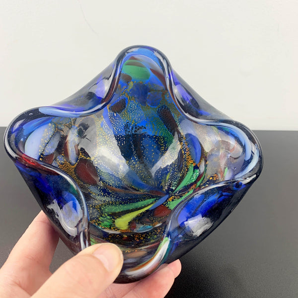 Murano blue art glass bowl with multi coloured interior