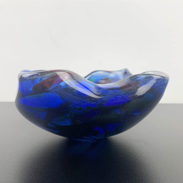 Murano blue art glass bowl with multi coloured interior