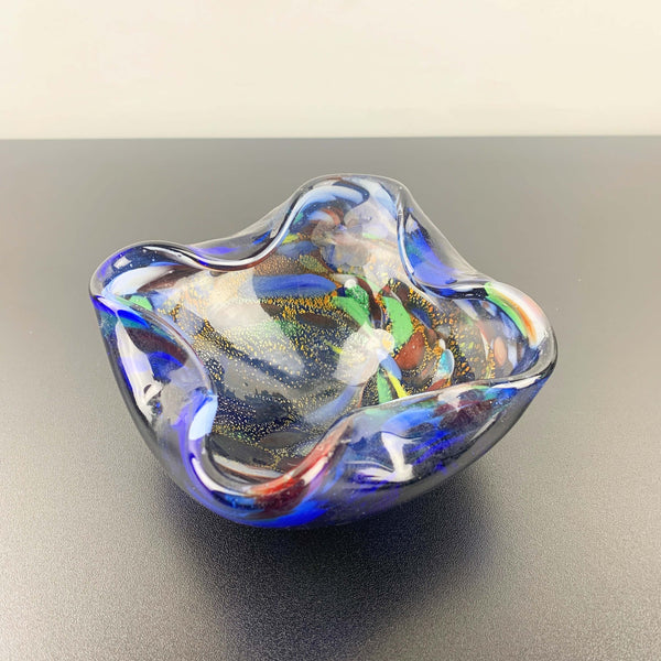 Murano blue art glass bowl with multi coloured interior