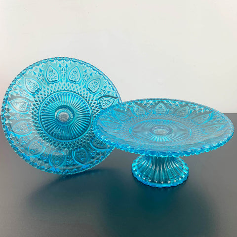 Aqua blue glass dessert stands with intricate heart pattern - Set of 2