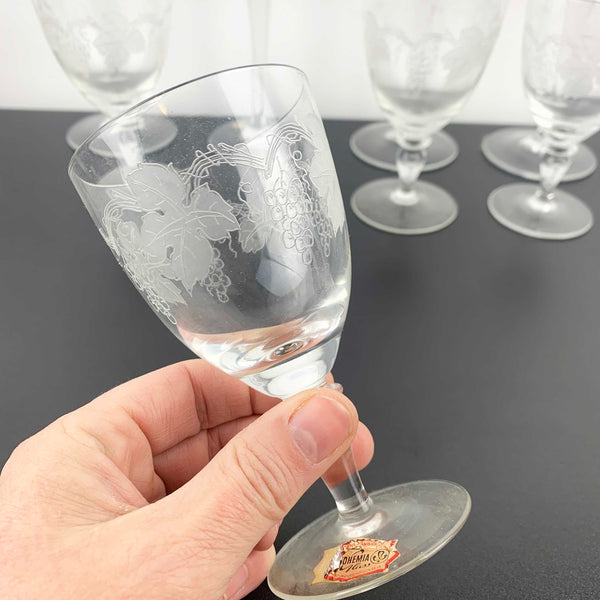 Grapevine etched mid century wine glasses in 2 sizes - Set of 8