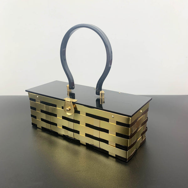 1950's black lucite and brass basket style handbag