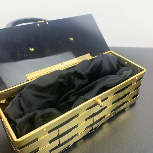 1950's black lucite and brass basket style handbag