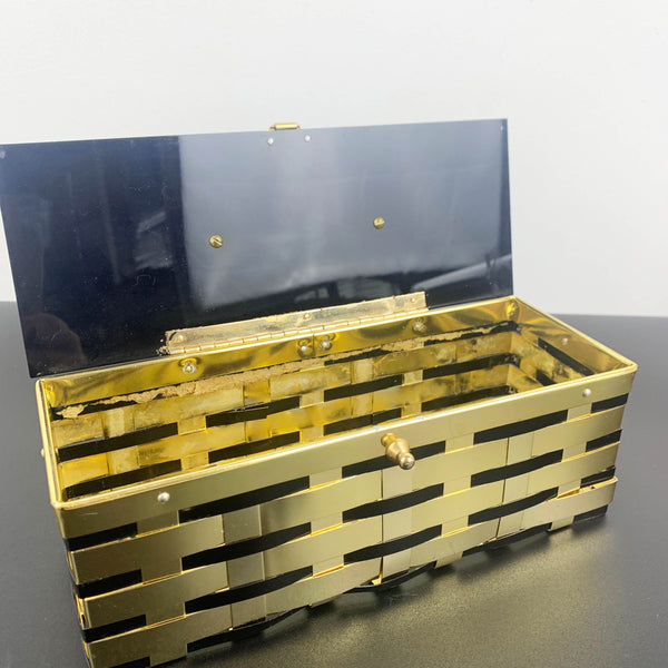 1950's black lucite and brass basket style handbag