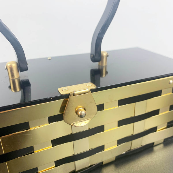 1950's black lucite and brass basket style handbag