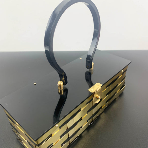 1950's black lucite and brass basket style handbag