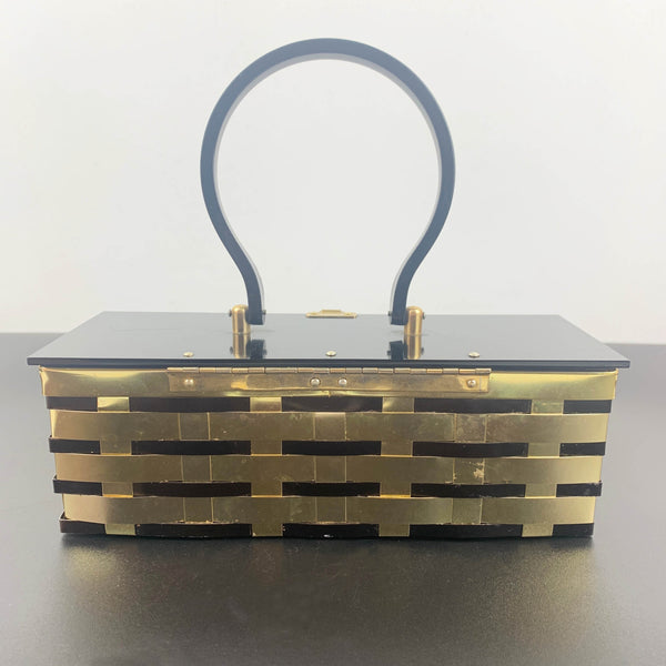 1950's black lucite and brass basket style handbag