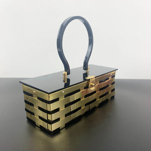 1950's black lucite and brass basket style handbag