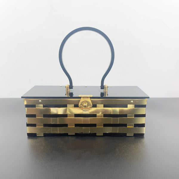 1950's black lucite and brass basket style handbag