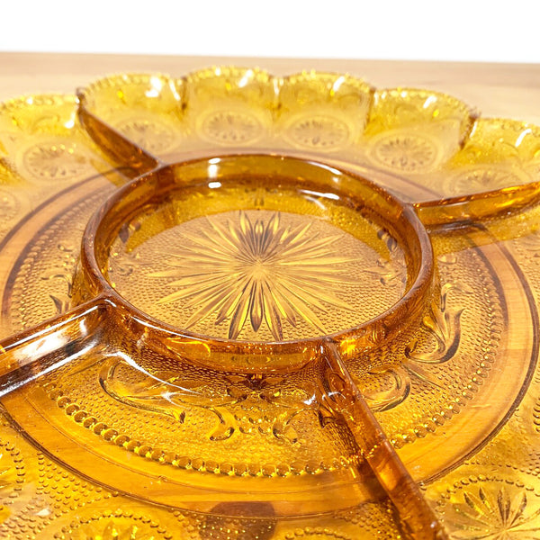 Amber Glass Divided Platter with centre dip bowl