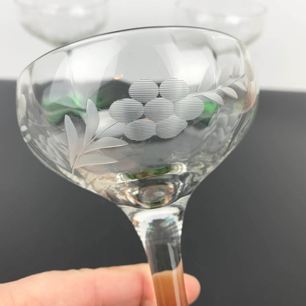 Green footed etched champagne coupe - Set of 3