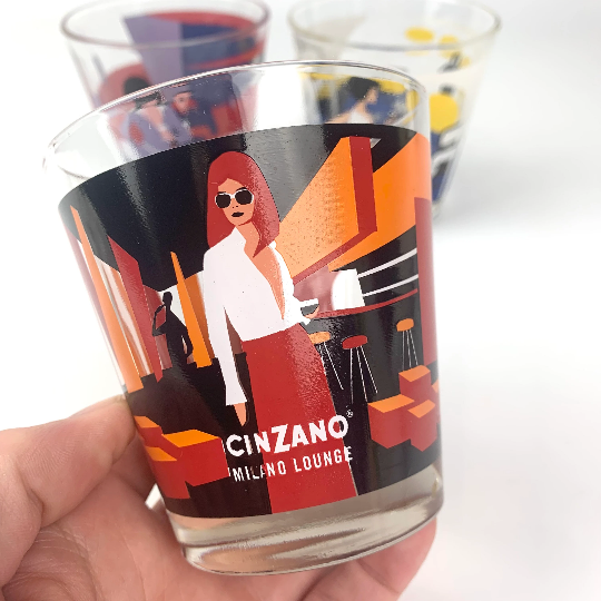 Vintage Set of 4 Drinking Glasses Cinzano Cities Scotch Glass Mug