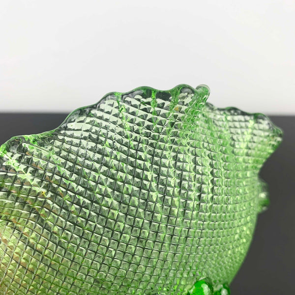 Fenton green glass bowl with ruffle rim and hobnail feet