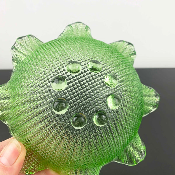 Fenton green glass bowl with ruffle rim and hobnail feet