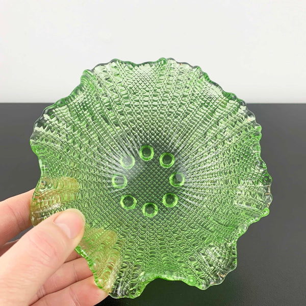 Fenton green glass bowl with ruffle rim and hobnail feet
