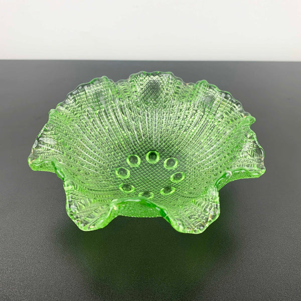 Fenton green glass bowl with ruffle rim and hobnail feet
