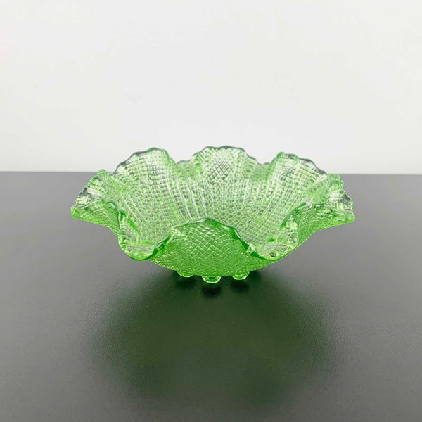Fenton green glass bowl with ruffle rim and hobnail feet