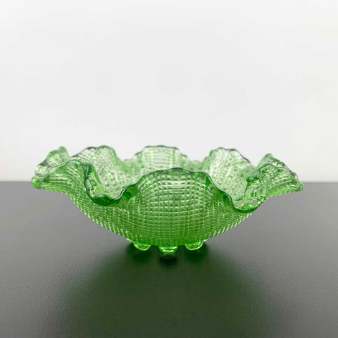 Fenton green glass bowl with ruffle rim and hobnail feet