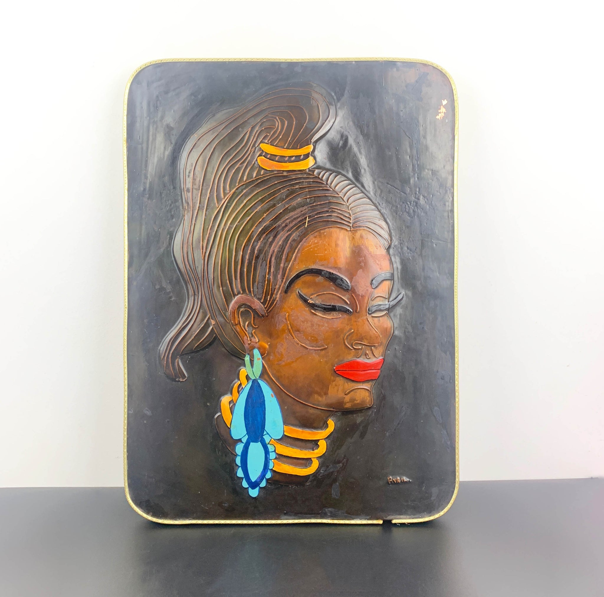 Copper enamelled African tribal woman mid century artwork