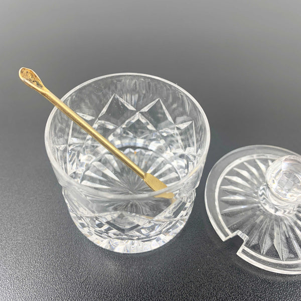 Diamond cut crystal mustard and condiment pot with gold shovel