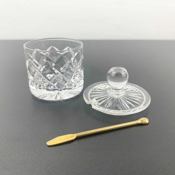 Diamond cut crystal mustard and condiment pot with gold shovel