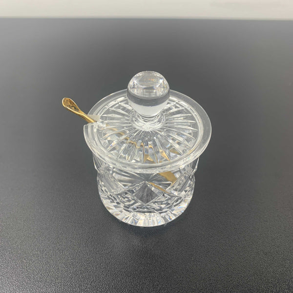 Diamond cut crystal mustard and condiment pot with gold shovel