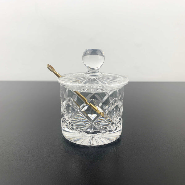 Diamond cut crystal mustard and condiment pot with gold shovel