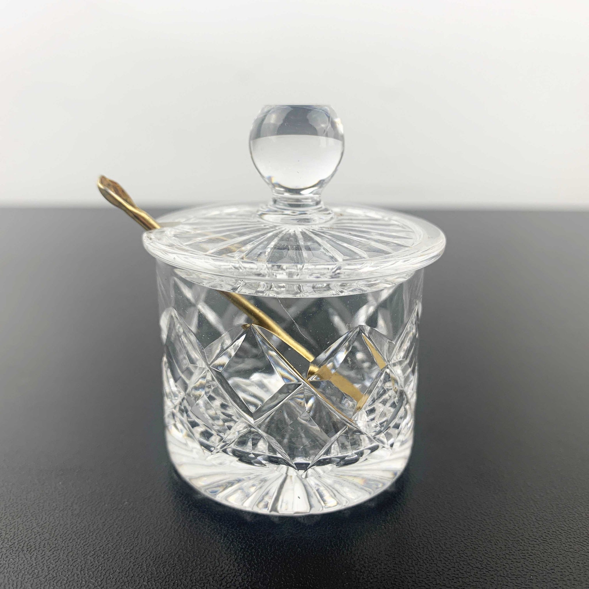 Mini diamond cut crystal mustard and condiment pot with gold shovel