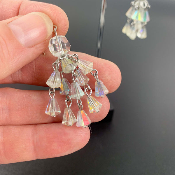 Mid century Aurora Borealis crystal chandelier drop earrings