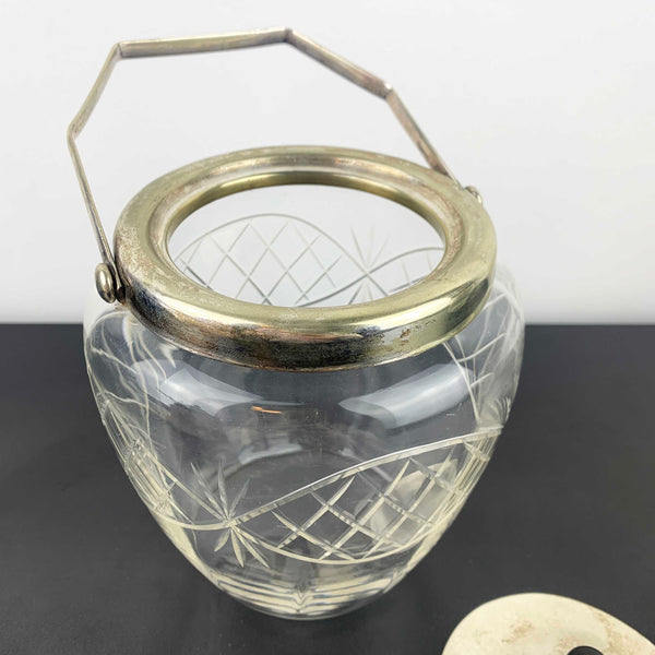 Antique crystal biscuit barrel with EPNS lid and bakelite knob