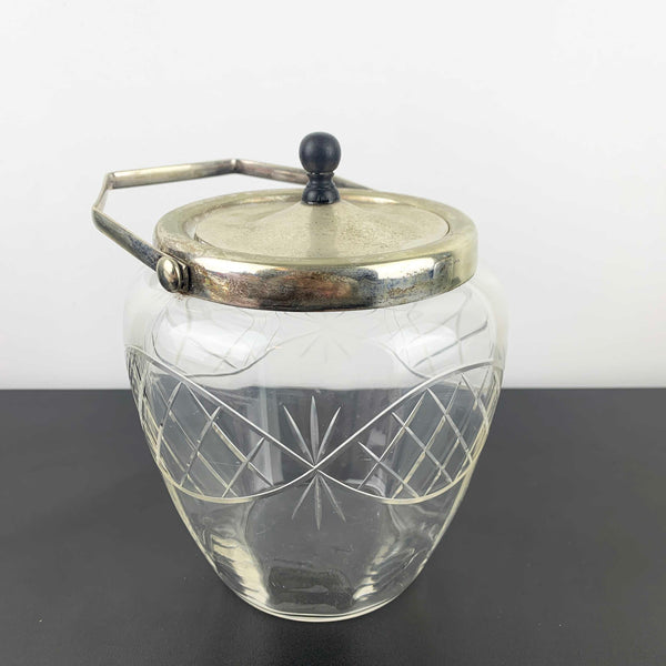 Antique crystal biscuit barrel with EPNS lid and bakelite knob