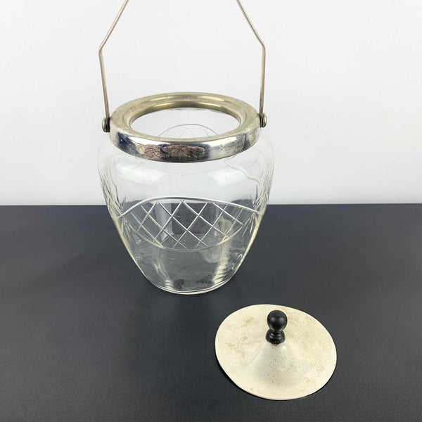 Antique crystal biscuit barrel with EPNS lid and bakelite knob