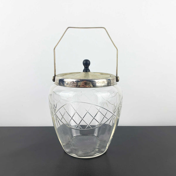 Antique crystal biscuit barrel with EPNS lid and bakelite knob