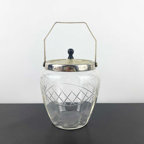 Antique crystal biscuit barrel with EPNS lid and bakelite knob