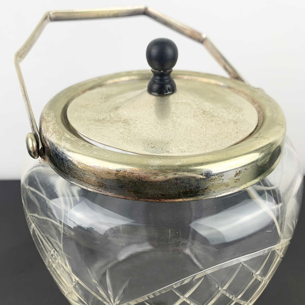 Antique crystal biscuit barrel with EPNS lid and bakelite knob
