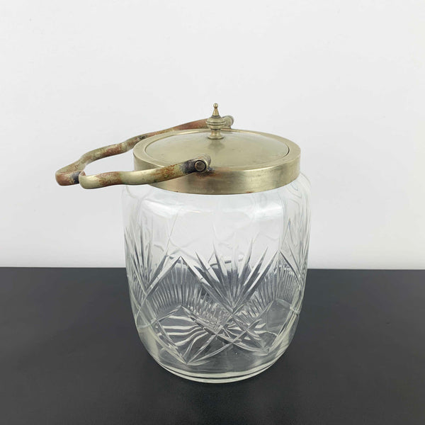 Antique crystal biscuit barrel with EPNS lid and wave handle