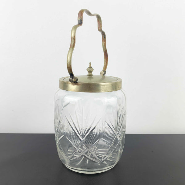 Antique crystal biscuit barrel with EPNS lid and wave handle