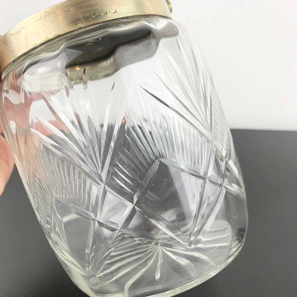Antique crystal biscuit barrel with EPNS lid and wave handle
