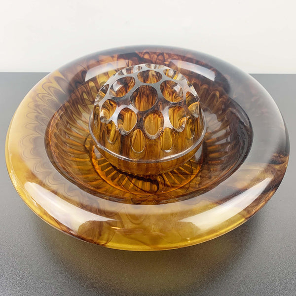 Davidson Glass art deco amber cloud glass float bowl with flower frog