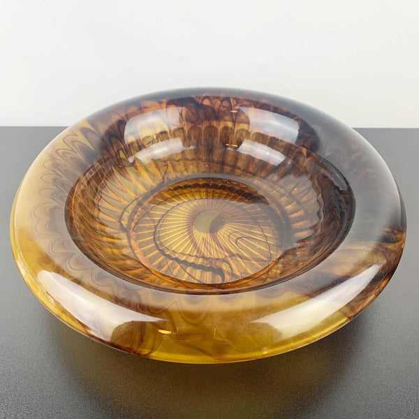 Davidson Glass art deco amber cloud glass float bowl with flower frog