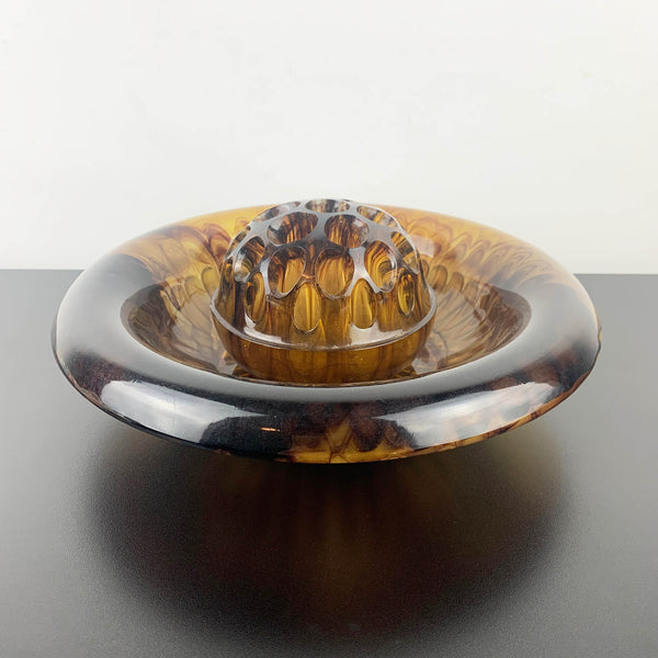 Davidson Glass art deco amber cloud glass float bowl with flower frog