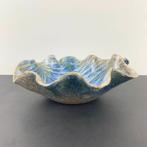 Dellorden Pottery large blue leaf bowl depth view
