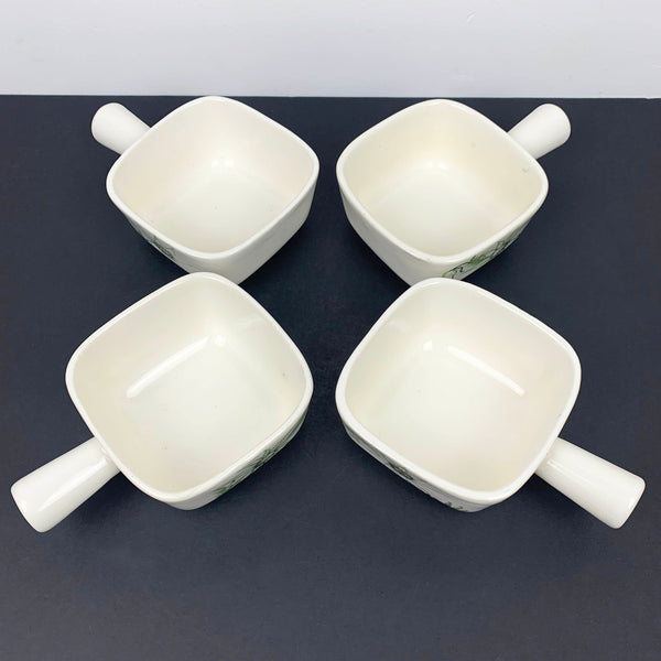 Vintage Diana pottery ramekins with handle in the 'Flannel Flower' pattern, circa 1940's. Set of 4 interior view