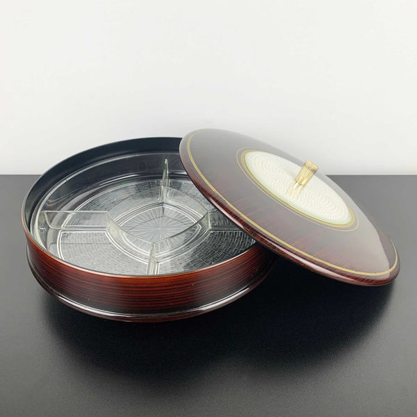 Retro lacquerware sectioned and lidded snack dish